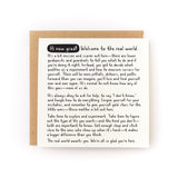 Hi New Grad Letterpress Card with encouraging message printed on white cardstock and paired with a recycled kraft envelope.