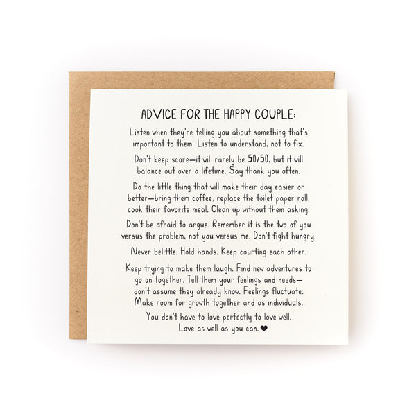 Advice for the Happy Couple Wedding Letterpress Card featuring heartfelt marriage wisdom printed in black text on cream paper, paired with a kraft envelope. The card displays relationship advice in a minimalist, handcrafted design with thoughtful tips for newlyweds.