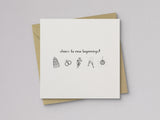Wedding card with simple illustrations of cake, rings, flowers, clinking glasses, and disco ball with cheerful message on white background
