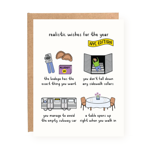 NYC Realistic Wishes for the Year Card with funny New York themed illustrations and birthday wishes on white cardstock.