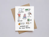 Birthday card with simple illustrations of joyful things like naps, cake, hugs, fruit, and good books on white background