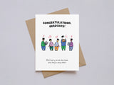 Graduation card with illustrated confused graduates and text reminding no one really knows what they’re doing