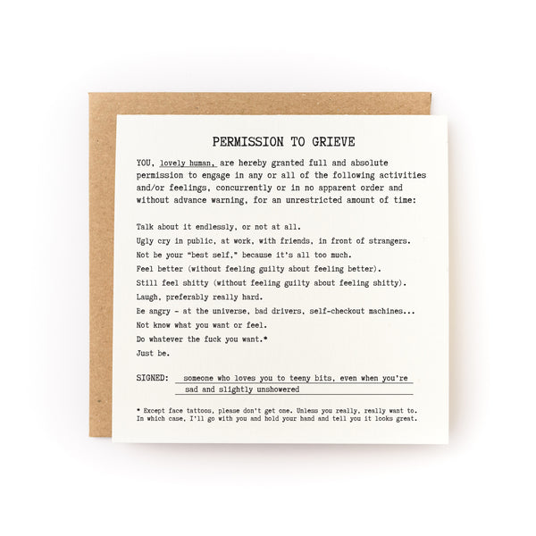 Thoughtful sympathy card that has a white background and black text that reads like a permission slip, titled Permission to Grieve 