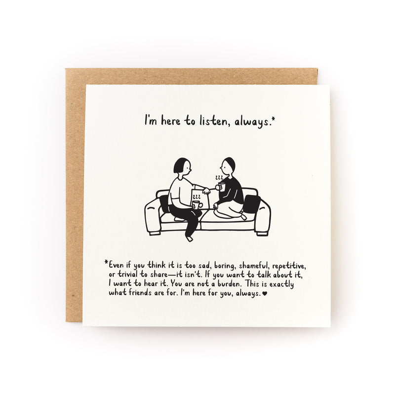 Two people on the couch talking and listening. For someone who is going through a grieving time, being there to listen. White card with kraft envelope