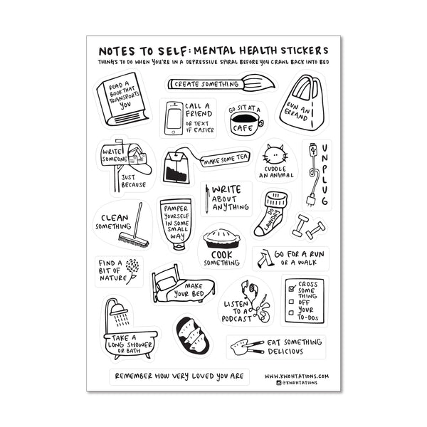Cute sticker sheet with positive mental health stickers, which have motivational illustrations that say things like Unplug and Cuddle An Animal. The stickers have black and white illustrations printed on a transparent background.