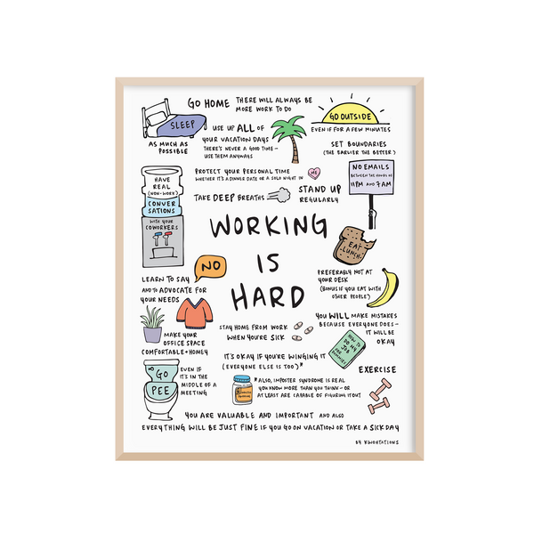 8 x 10 colorful motivational art print with the phrase "Working is hard" surrounded by a collection of positive affirmations for work and gentle reminders.  The whimsical original illustrations includes a collection of reminders for self care during the workday, including Go Outside, Learn to Say No, Set Boundaries, and Take a Sick Day