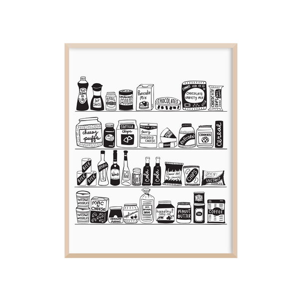 8 x 10 black and white kitchen art print with whimsical original illustrations of food pantry items, including must have pantry items like bagel seasoning, chocolate chips, nutella, applesauce, and condensed milk.