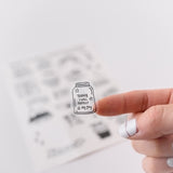 Photo of a hand holding a cute clear sticker.  The sticker has a positive affirmation message that says, Today I Will Protect My Joy. 