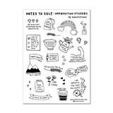 Cute sticker sheet with positive affirmation stickers, which have motivational illustrations that say things like I Am Loved and My Value Is Not Determined By My Productivity. The stickers have black and white illustrations printed on a transparent background.