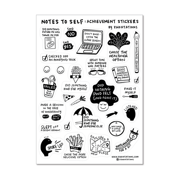 Cute sticker sheet with positive achievement stickers, which have motivational illustrations that say things like Failed And Tried Again and Did Something Kind For Myself. The stickers have black and white illustrations printed on a transparent background.