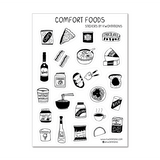 Cute foods sticker sheet with comfort food stickers, which have food illustrations featuring food from around the world. The stickers have black and white illustrations printed on a transparent background.