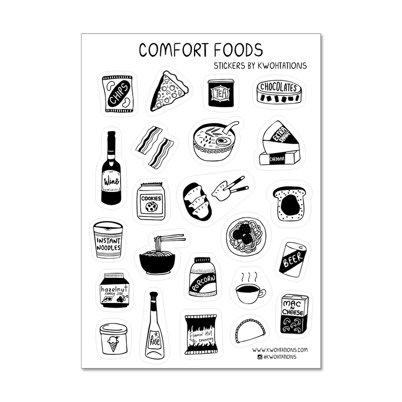 Cute foods sticker sheet with comfort food stickers, which have food illustrations featuring food from around the world. The stickers have black and white illustrations printed on a transparent background.
