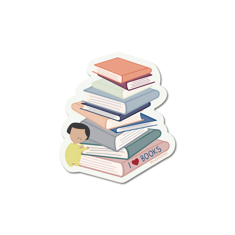 Waterproof and durable vinyl sticker. This light colored sticker features books are varying colors with "I Heart Books" on the book. There is a girl hugging the large pile.