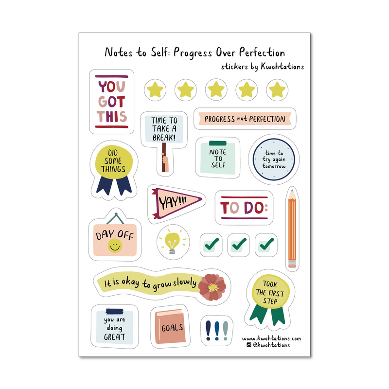 Cute goal setting sticker sheet with motivational stickers, which have motivational illustrations that say things like It Is Okay To Grow Slowly and Progress Not Perfection. The stickers have color illustrations printed on a transparent background.