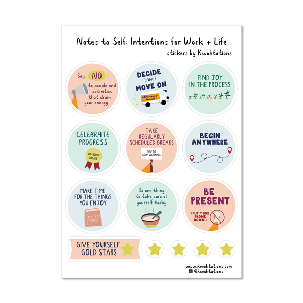 Cute intention setting sticker sheet with motivational stickers, which have motivational illustrations that include intentions for the year like Find Joy in the Process and Begin Anywhere. The stickers have color illustrations printed on a transparent background.