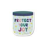 Protect Your Joy Sticker featuring a jar-shaped design with colorful lettering and scattered yellow stars on a light blue background. Navy blue lid tops the illustration, creating a whimsical self-care reminder perfect for laptops and water bottles.