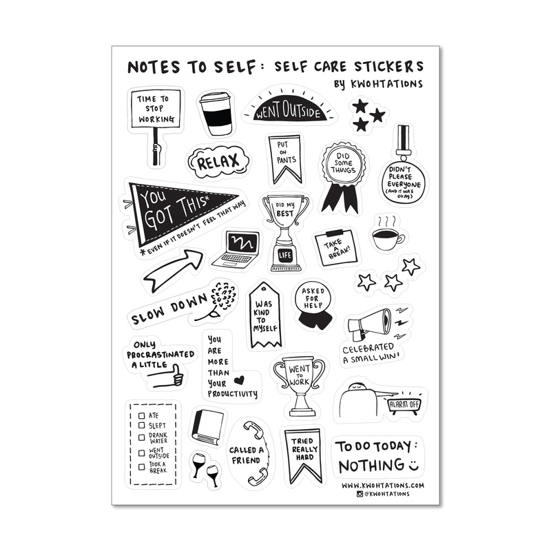 Cute sticker sheet with positive self care stickers, which have affirming illustrations that say things like You Got This and Was Kind To Myself.  The stickers have black and white illustrations printed on a transparent background.  