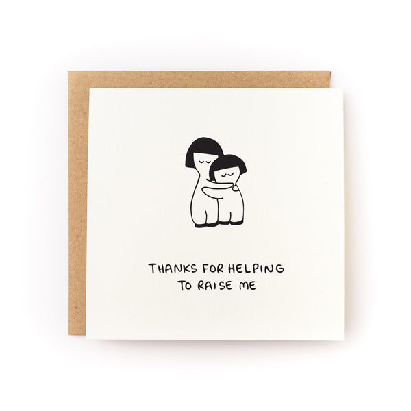 Thank You for chosen family who helped raise you reads "Thanks for Helping to raising me" with two characters hugging. White card is paired with a kraft envelope
