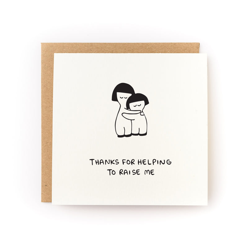 Thank You for chosen family who helped raise you reads "Thanks for Helping to raising me" with two characters hugging. White card is paired with a kraft envelope