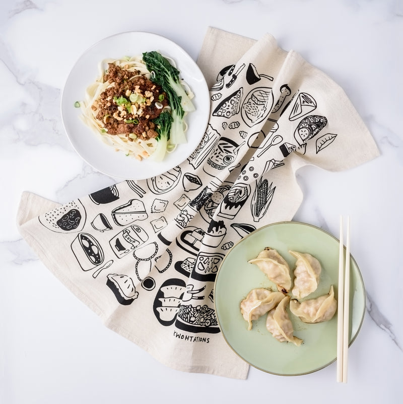 Home is Where the Food is Cotton Flour Sack Tea Towel with comfort food surrounding it.