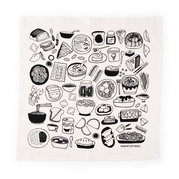 Cute dish towel with illustrations of comfort foods from around the world. 20" x 20" cotton flour sack tea towel with black screen printed illustrations, including home-cooked meals like mac and cheese, pumpkin soup, sweet potato pie, dal, congee, pancit, and ratatouille.