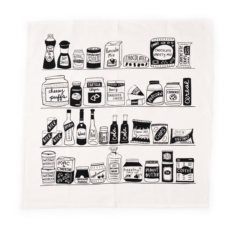 Cute dish towel with illustrations of food pantry items. 20" x 20" cotton flour sack tea towel with black screen printed illustrations, including must have pantry items like bagel seasoning, chocolate chips, nutella, applesauce, and condensed milk.