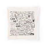Funny dish towel with illustrations of common cooking measurements and cooking questions. 28" x 29" cotton flour sack tea towel with black screen printed illustrations, including how to make a vinaigrette, how to cook rice, what is a shallot, and what it means to dice. 