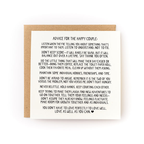 White card filled with wedding advice for a happy couple. Card comes with kraft paper envelope